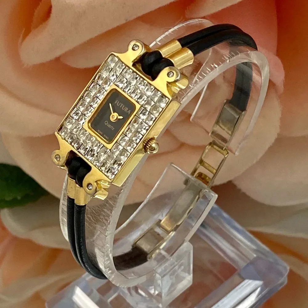 Vintage Unique Futura Pave Rhinestone Bezel West German 4 Jewel Dress Watch
